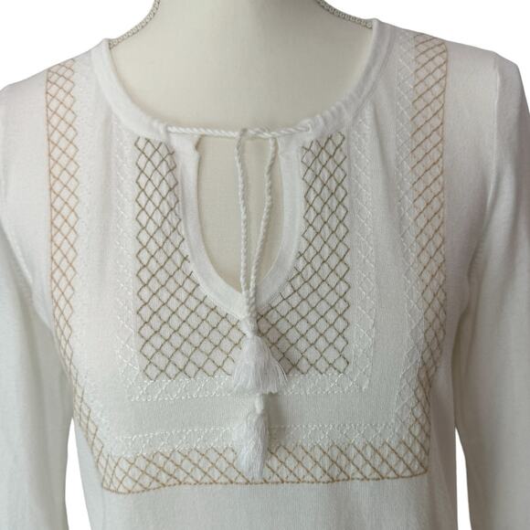 J. Crew Summer Sweater Top Size S Tassel Tie Embroidery Stitch Boho Neutral - Picture 6 of 8